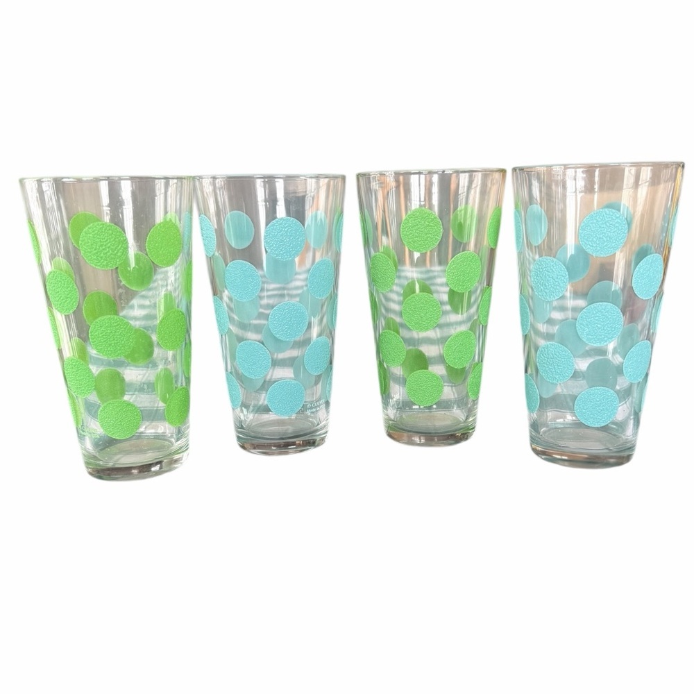 Set of 4 Textured Polka Dot Vintage Culver Glasses Two Green Two Blue EC MCM